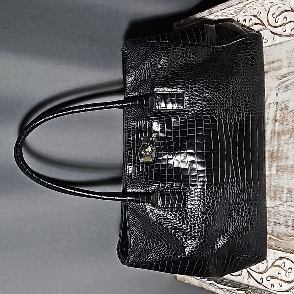 Furla Vintage Croc Embossed Genuine Leather Black Bag Made In Italy